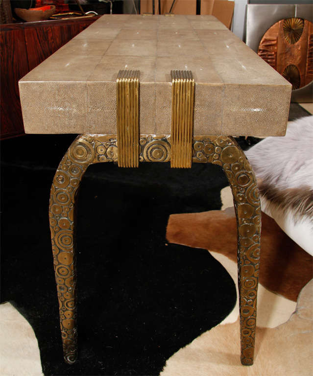 Bronze Shagreen Desk with Brass Legs, France, Chocolate Color, Three Drawers, New For Sale